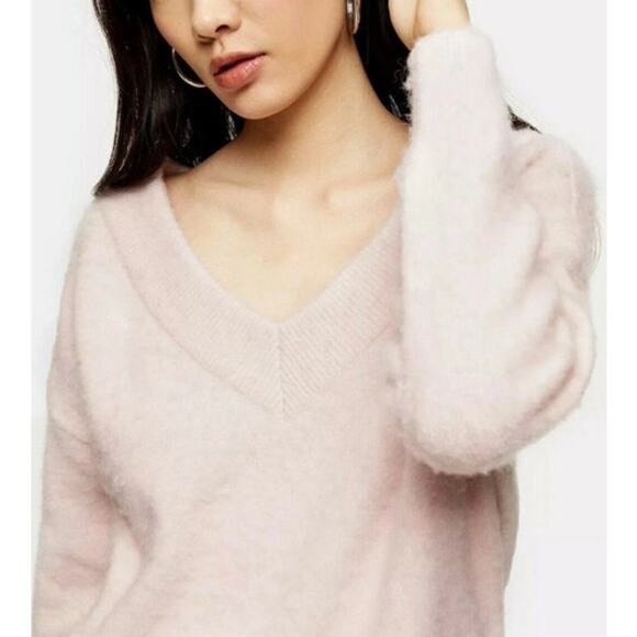Topshop Pink V-Neck Knitted Brushed Bardot Fuzzy Pullover Sweater Women's 4/6 - Picture 5 of 7